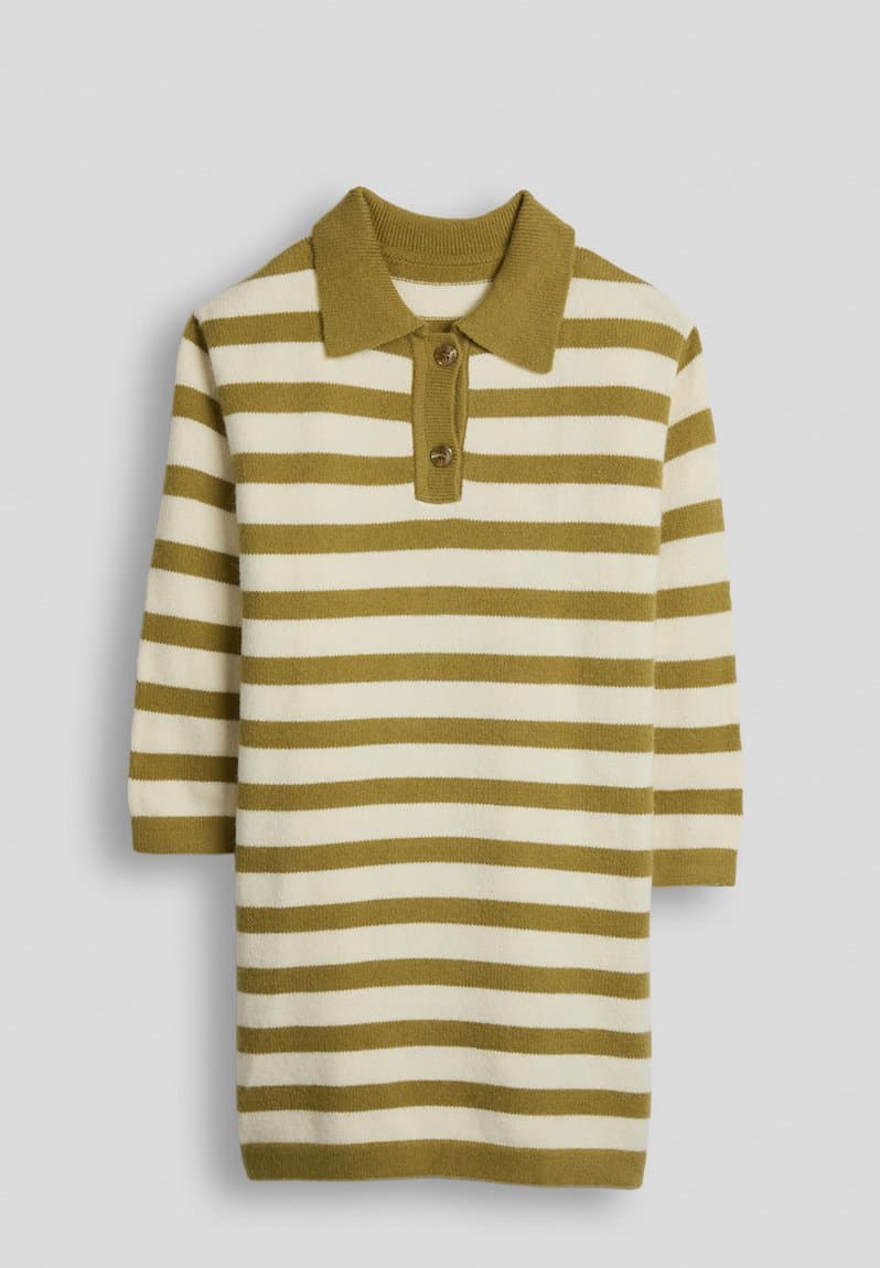 Knit polo shirt-style dress moss green stripe