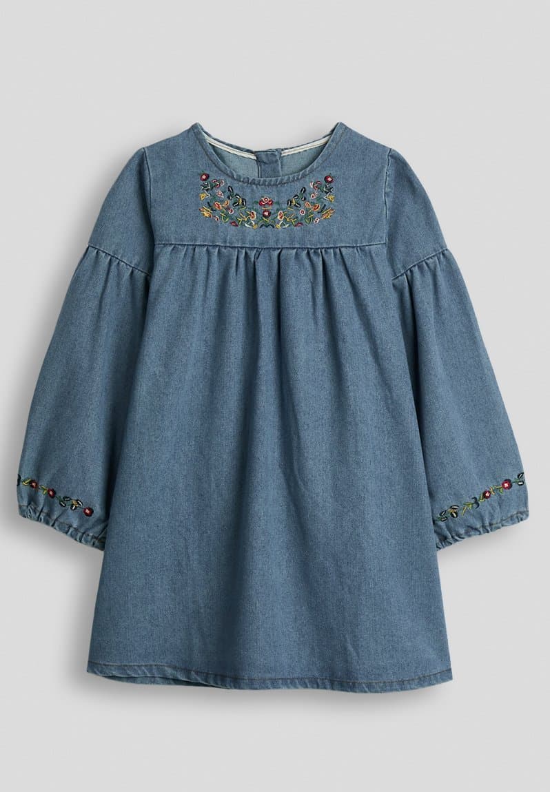 Denim embroidered floral motif dress