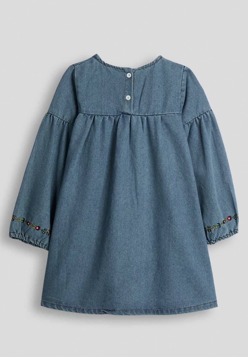 Denim embroidered floral motif dress, view 2