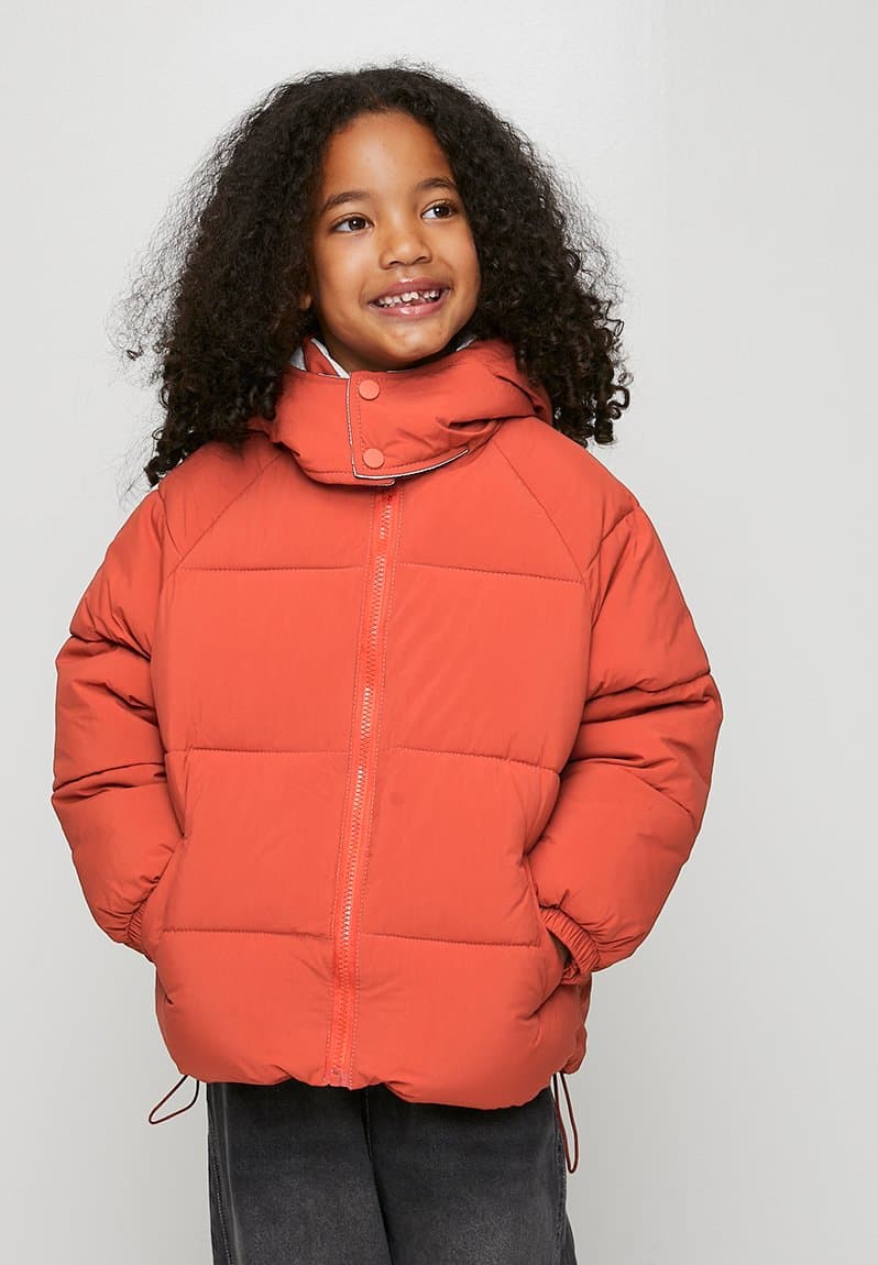 Snap closure hood puffer jacket burnt orange/off, view 2