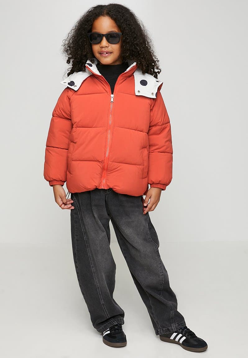 Snap closure hood puffer jacket burnt orange/off