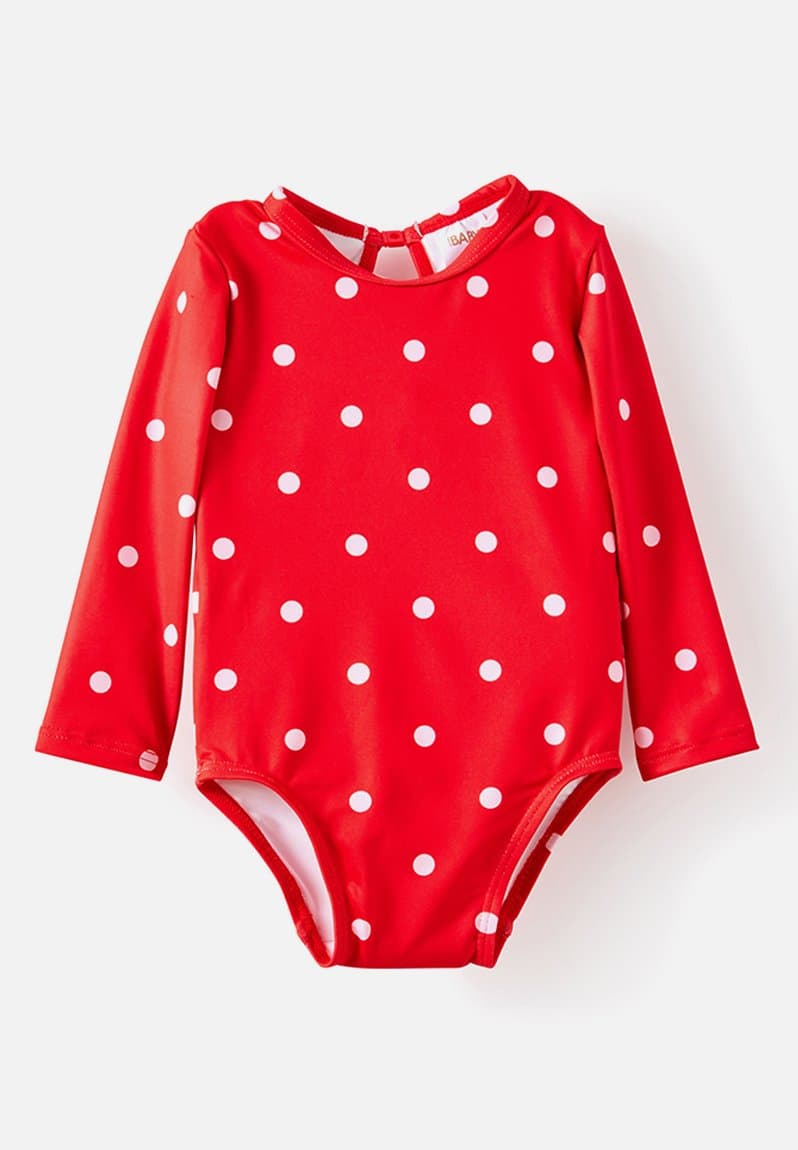 Leah Long Sleeve Keyhole Back One Piece Varsity Red/Spots