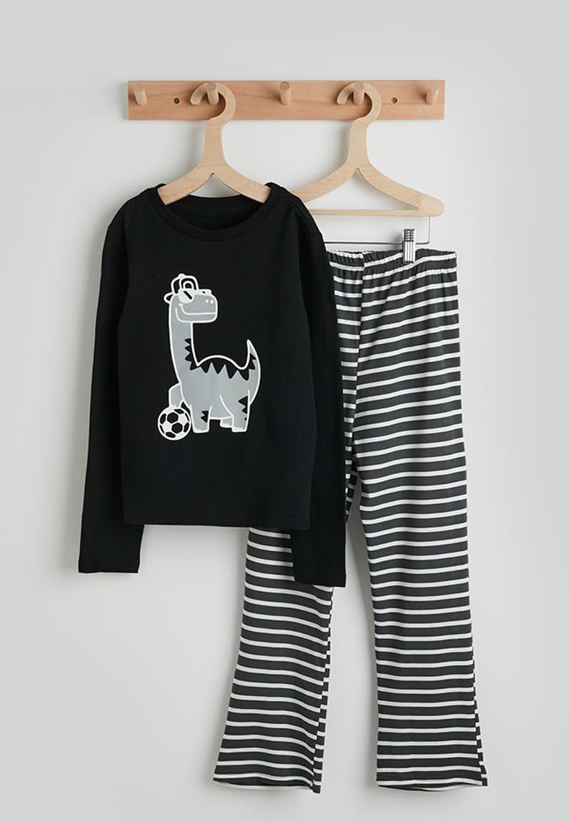 Dino graphic pj set black/charcoal stripe