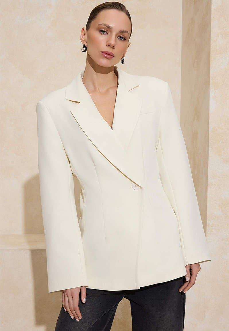 Fitted Single Button Woven Lined Padded Blazer Jacket Off-White