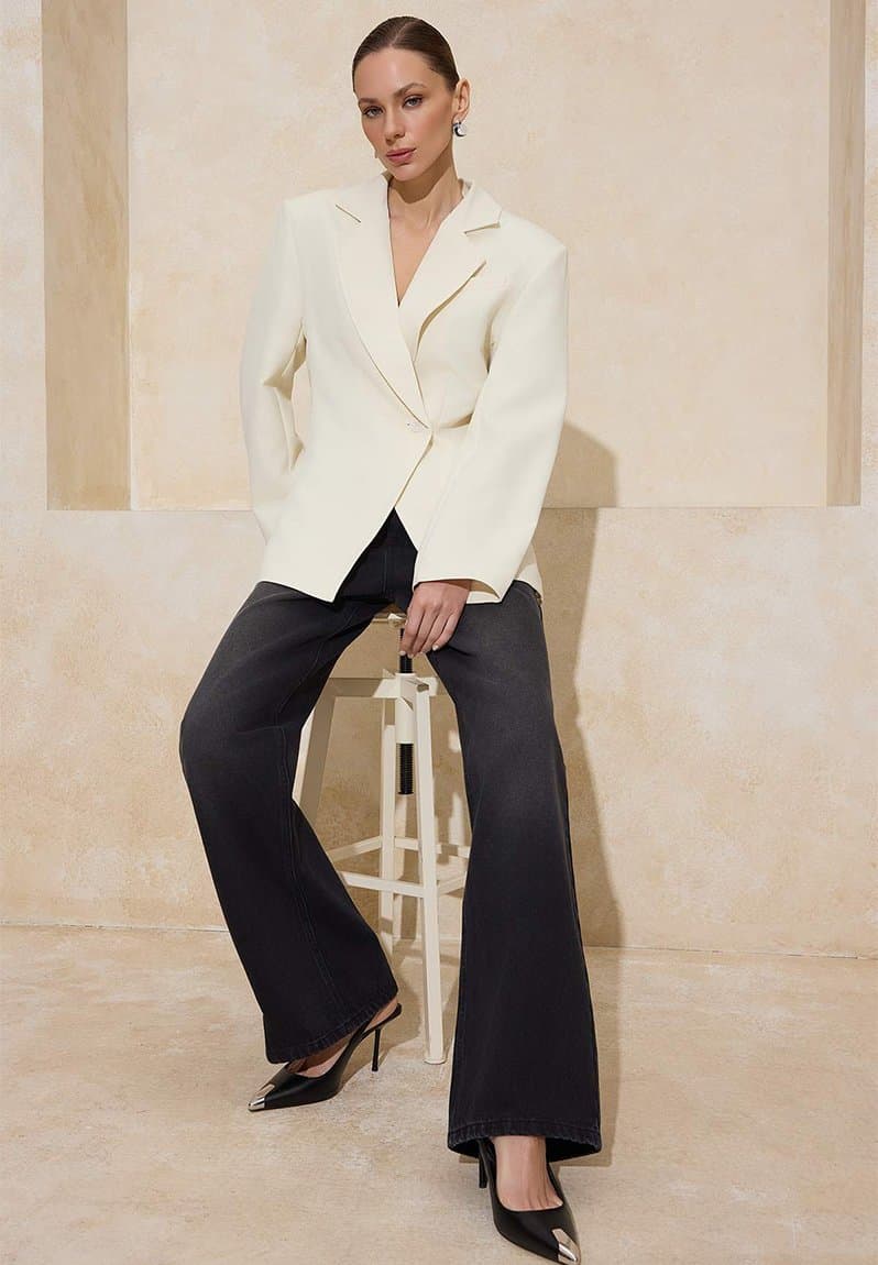 Fitted Single Button Woven Lined Padded Blazer Jacket Off-White, view 2