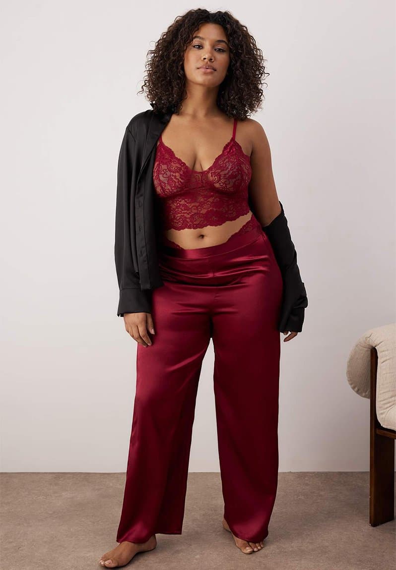 Plus 3-Piece Dowry Set Top Lace Bottom Satin Pajama Set