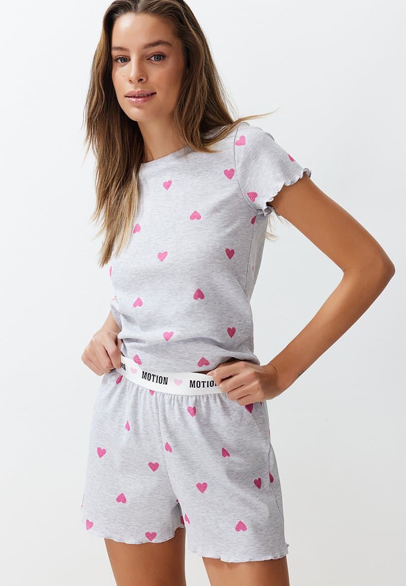 Heart-printed slogan pajama shorts set gray melange, view 2