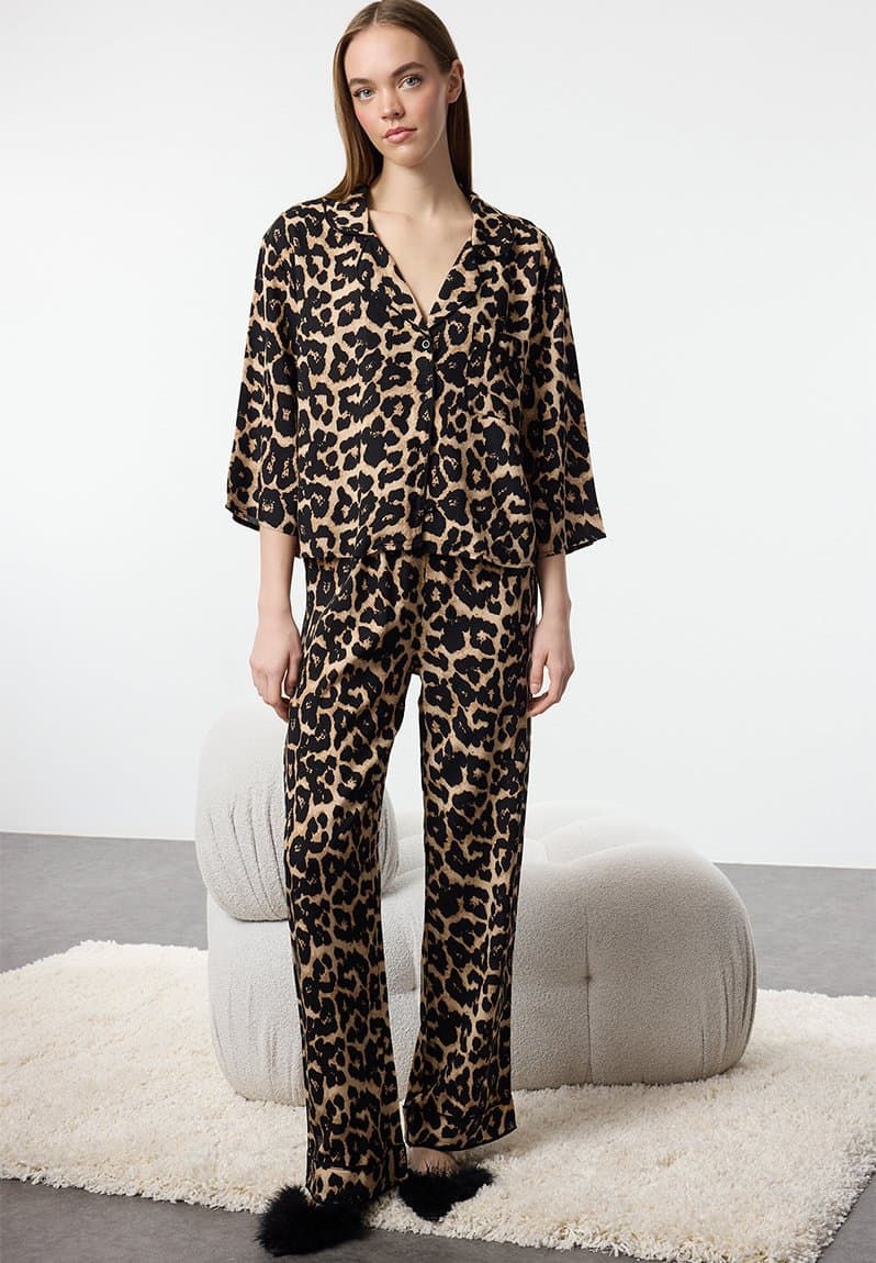 Leopard print ribbed viscose woven pajamas set multicolor