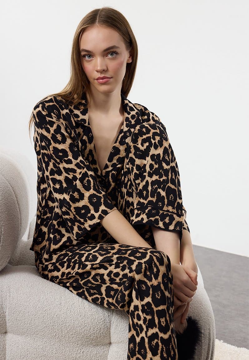 Leopard print ribbed viscose woven pajamas set multicolor, view 2