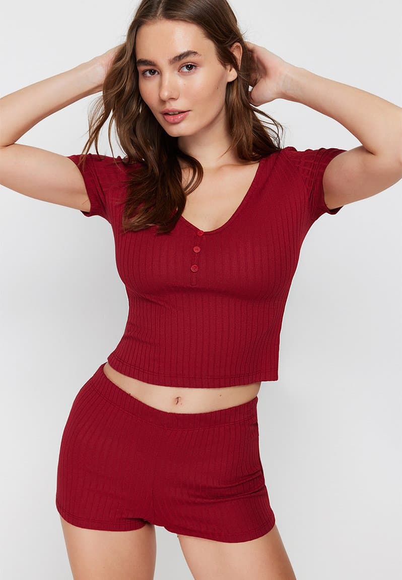Button detailed corded knitted pajama set, view 2