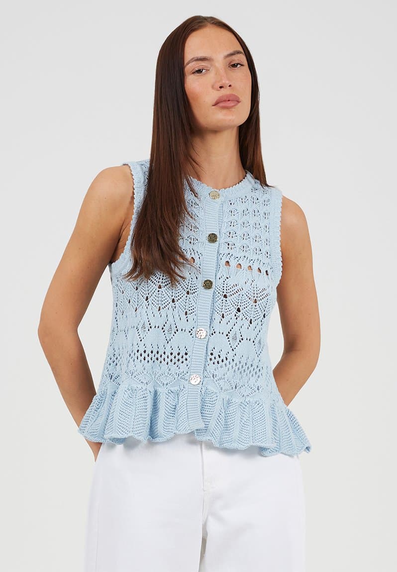 Crew Neck Pointelle Waistcoat With Peplum Frill Hem