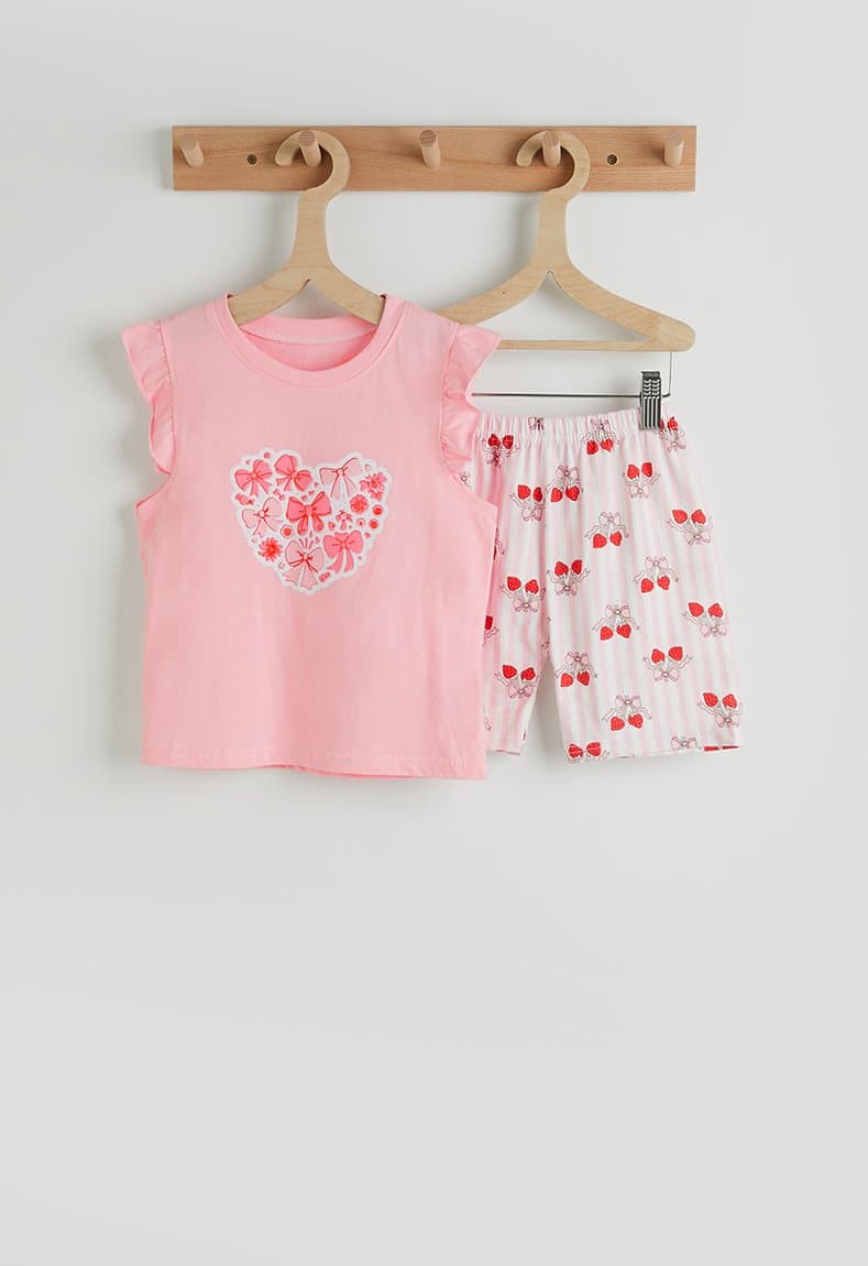 Frilled sleeve pj set pink/pink stripes/bow aop