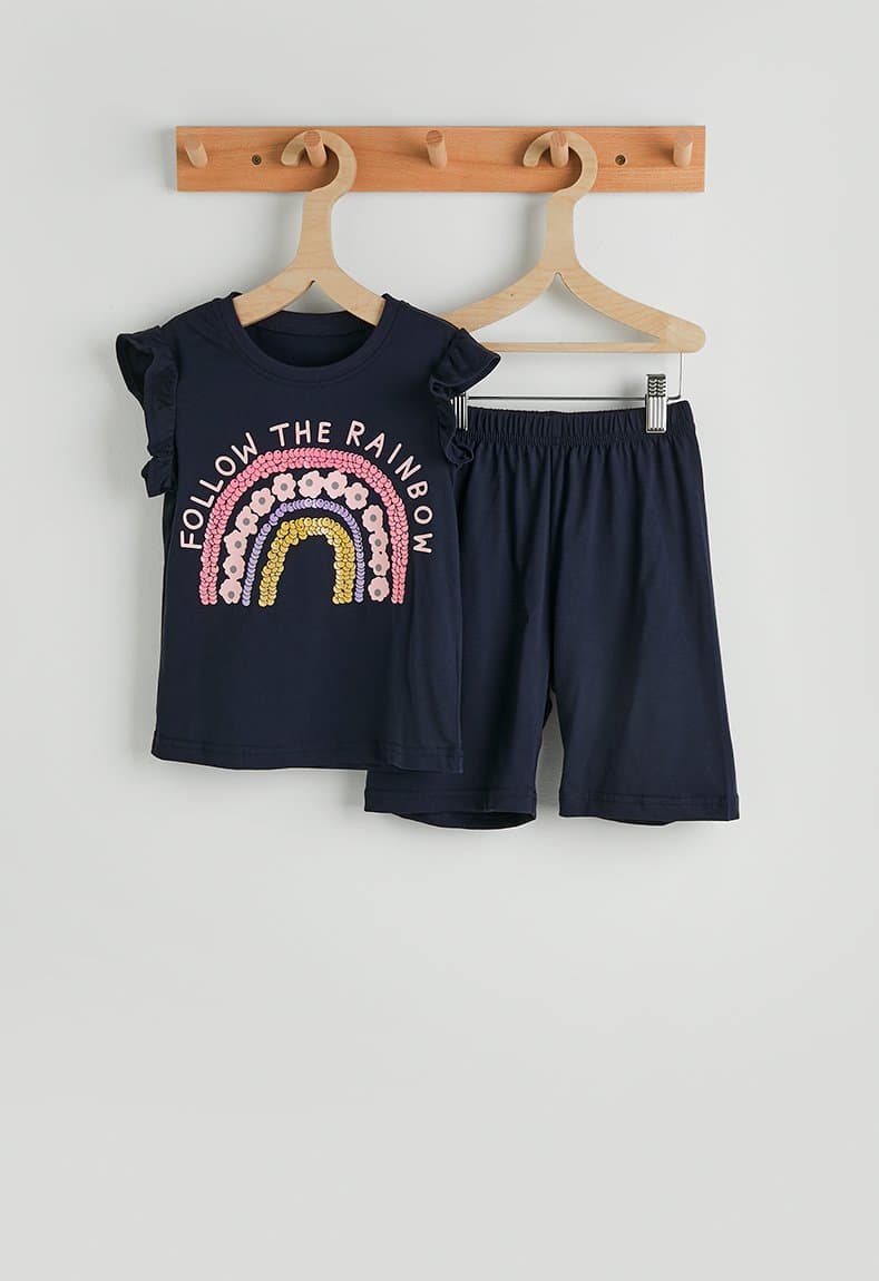 Frilled sleeve pj set navy/rainbow