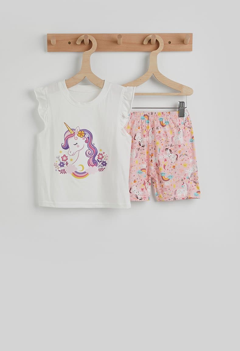 Frilled sleeve pj set white/pink/unicorn
