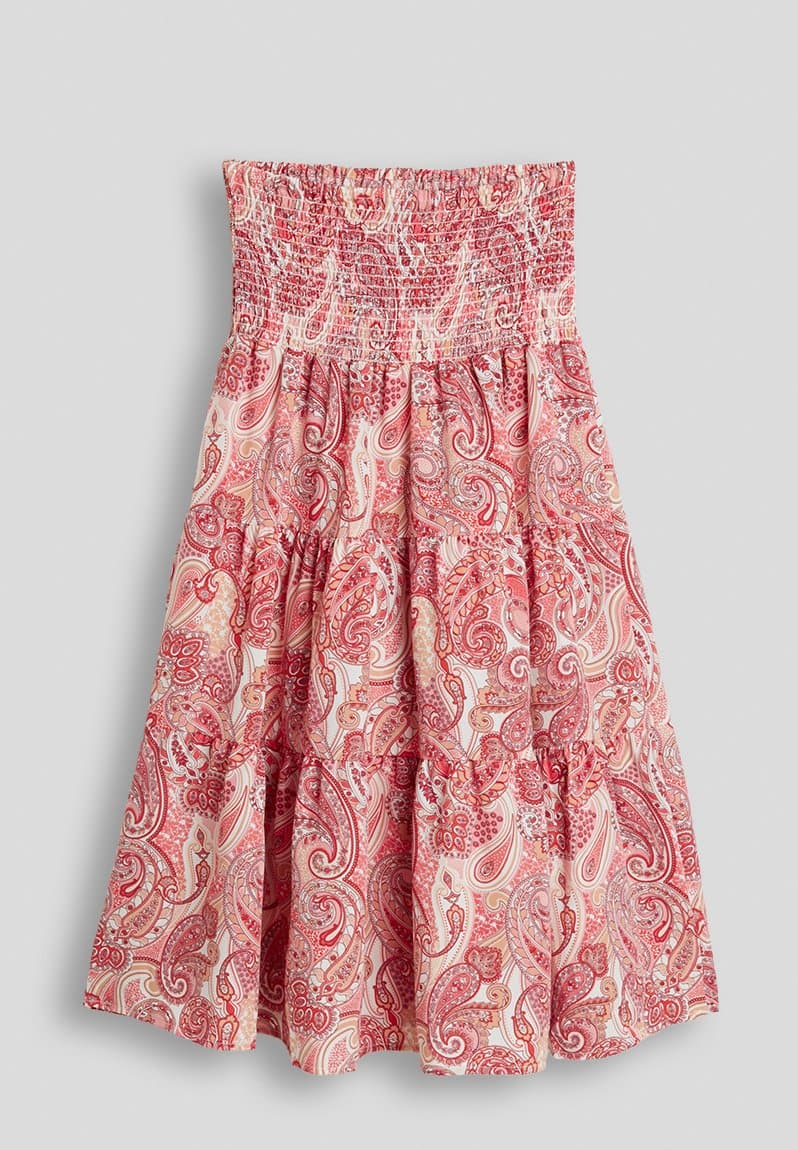 Paisley print shirred bodice dress