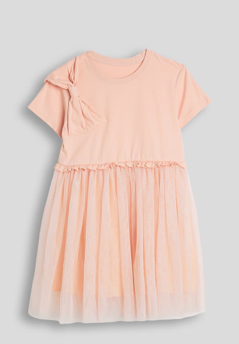 Bow detail t-shirt dress with mesh skirt light peach