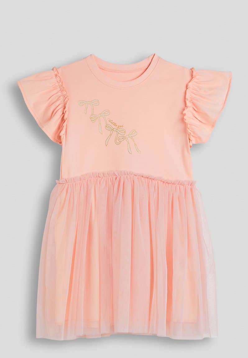 Ruffle sleeve t-shirt dress with tulle skirt peach