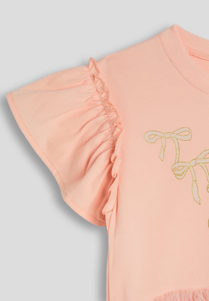 Ruffle sleeve t-shirt dress with tulle skirt peach, view 2