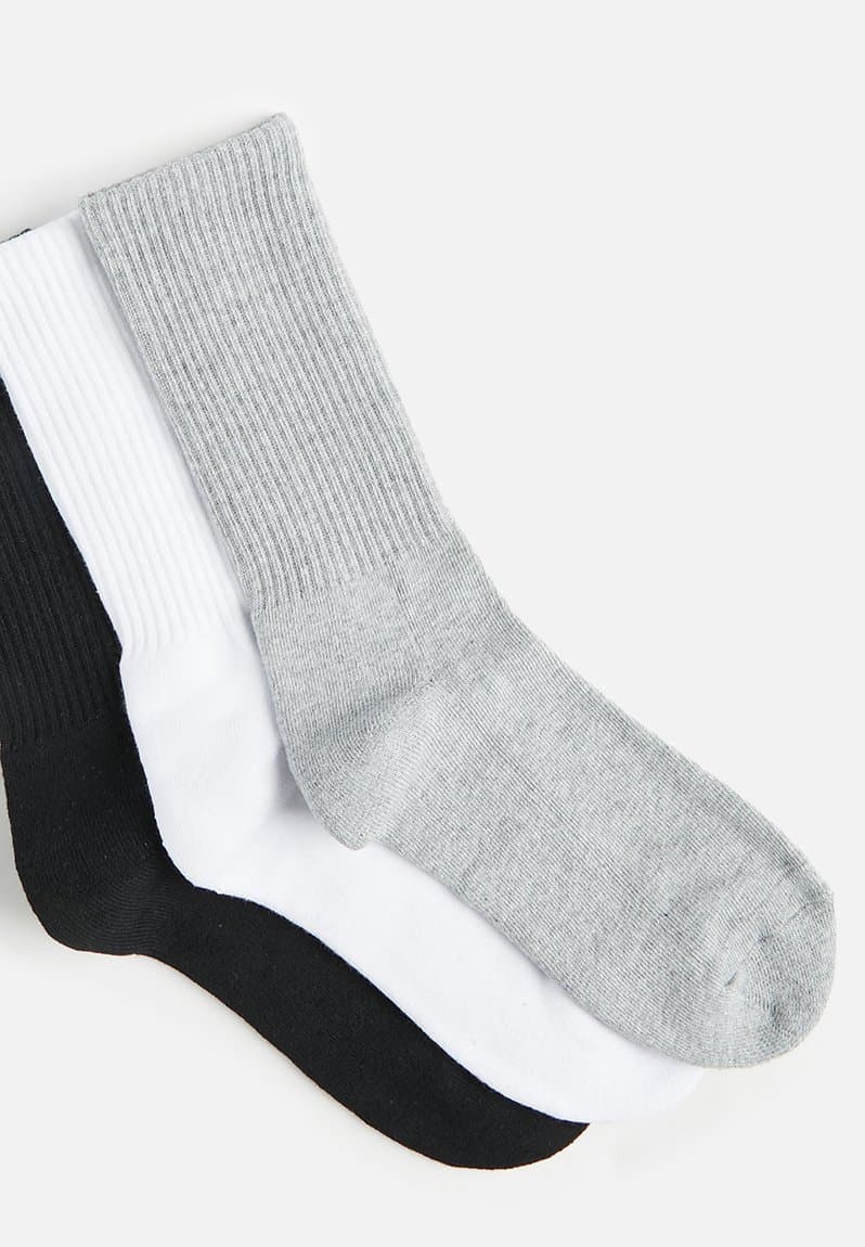 3 Pack Essential Socks Grey Marle/White/Black, view 2
