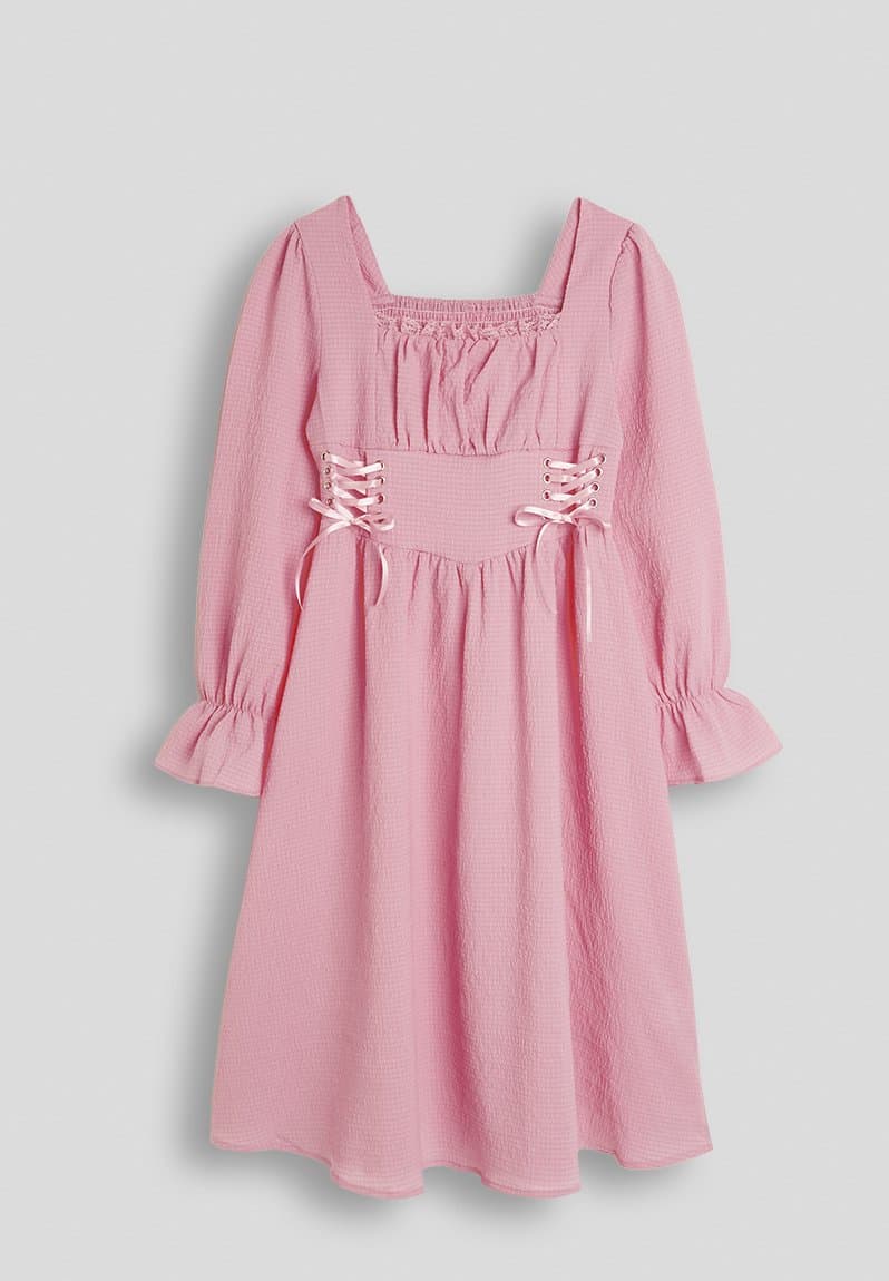 Ruched bust dress with silk lace-up detail