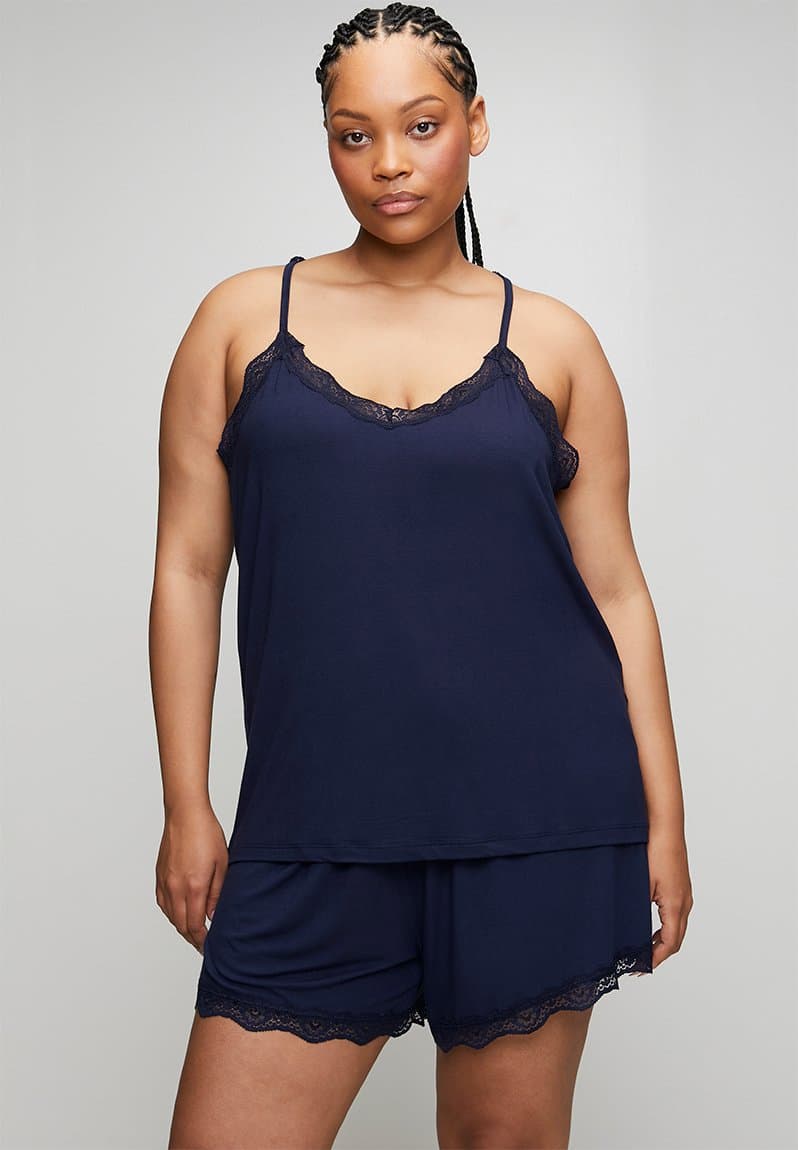 Plus Strap Knitted Lace Detail Pajamas Set