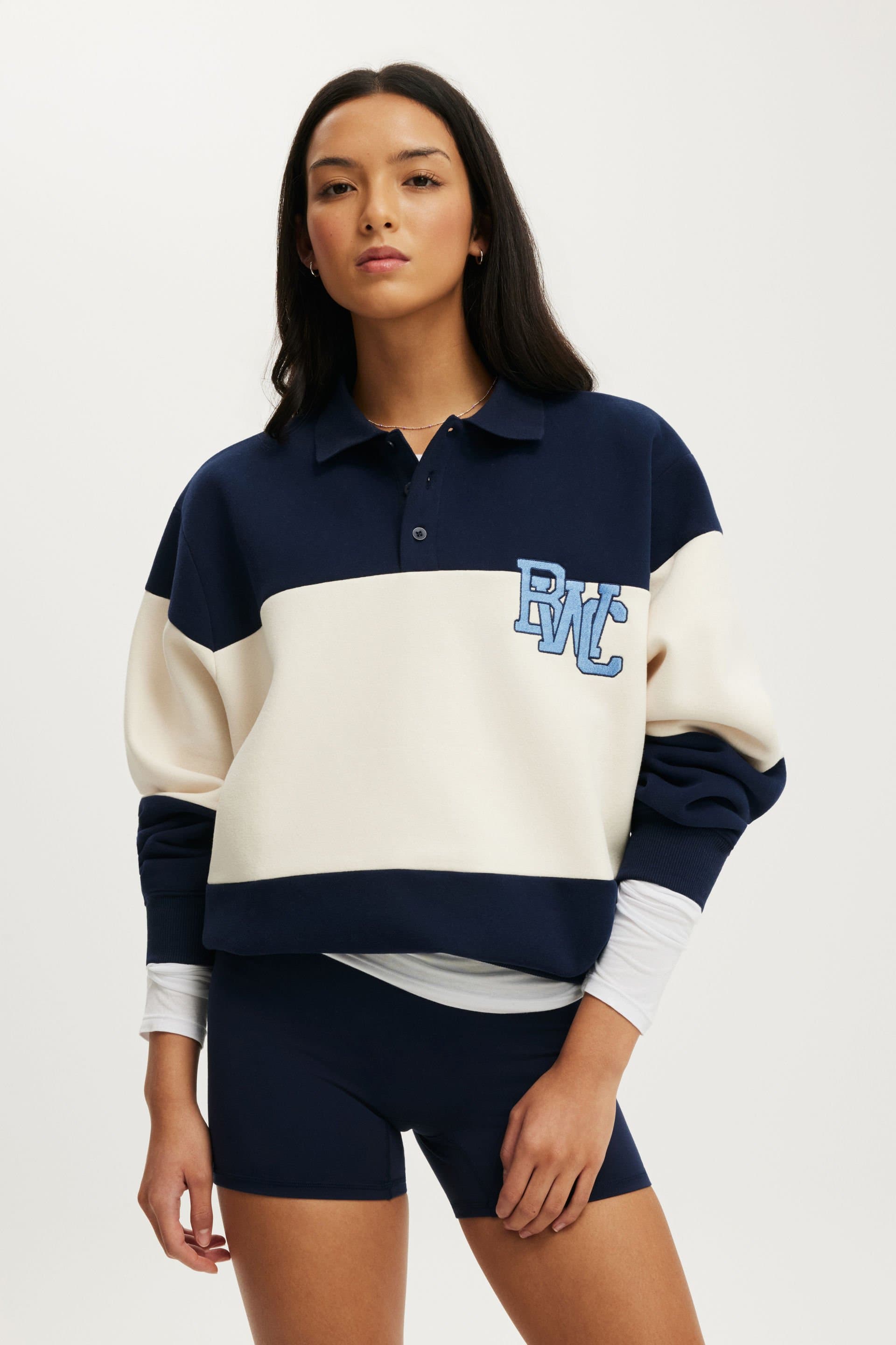 Plush Graphic Rugby Sweatshirt Prep Sport Navy/Bwc