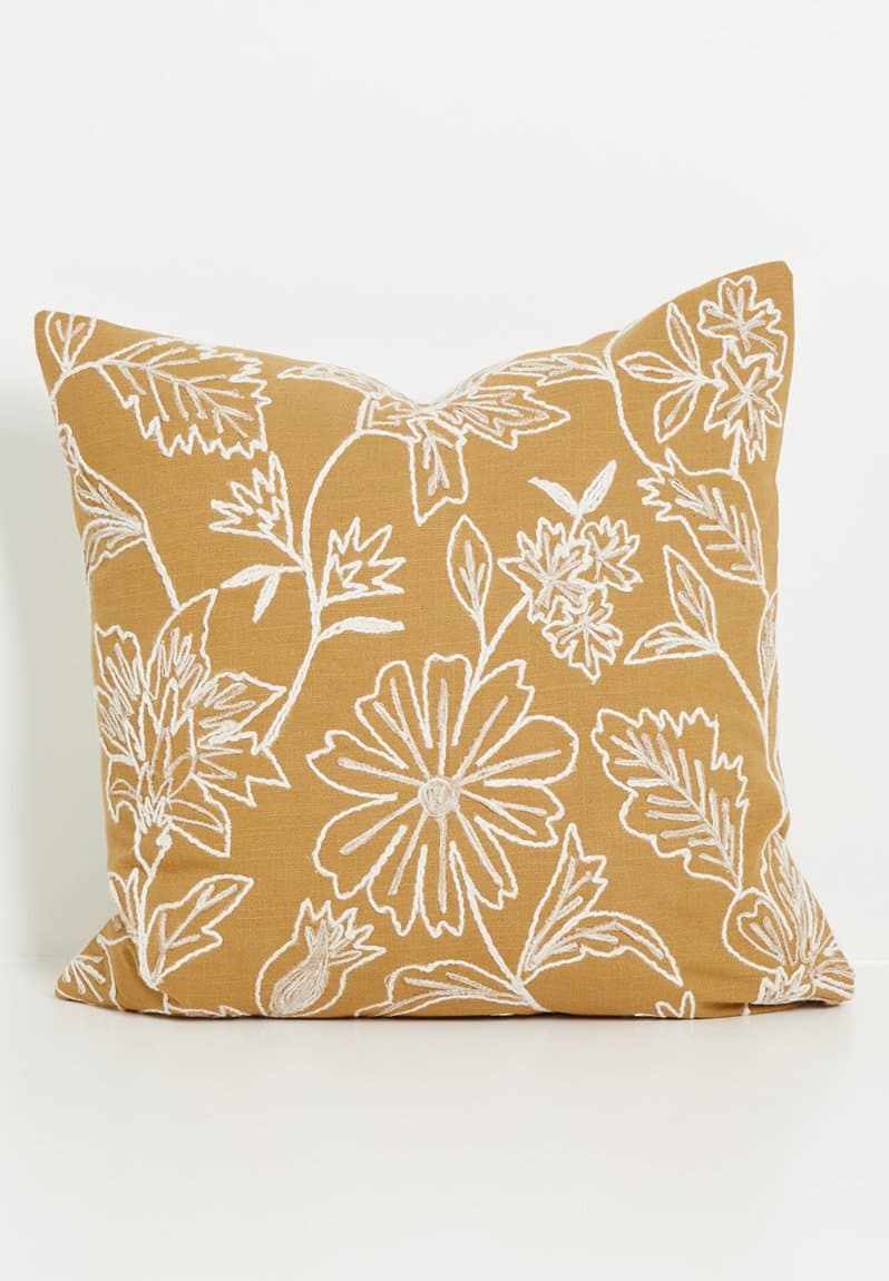 Cotton Embroidered Floral Cushion Cover Mustard