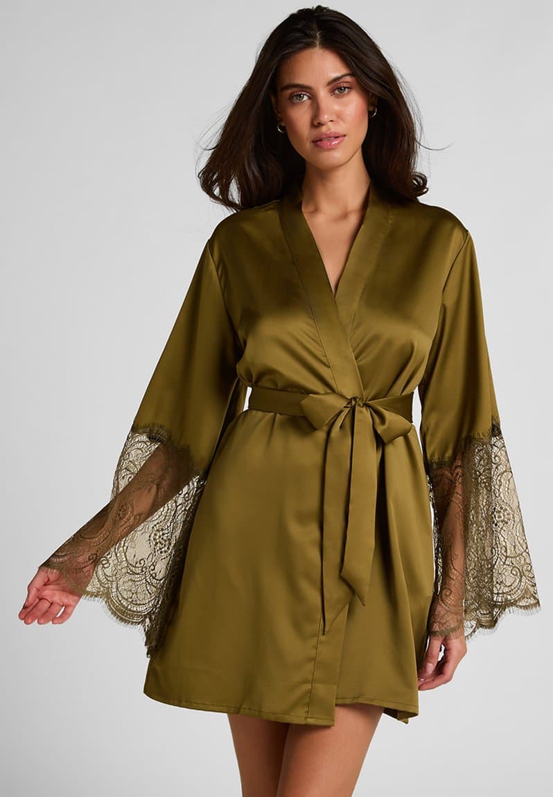 Kimono satin lace robe olive drab