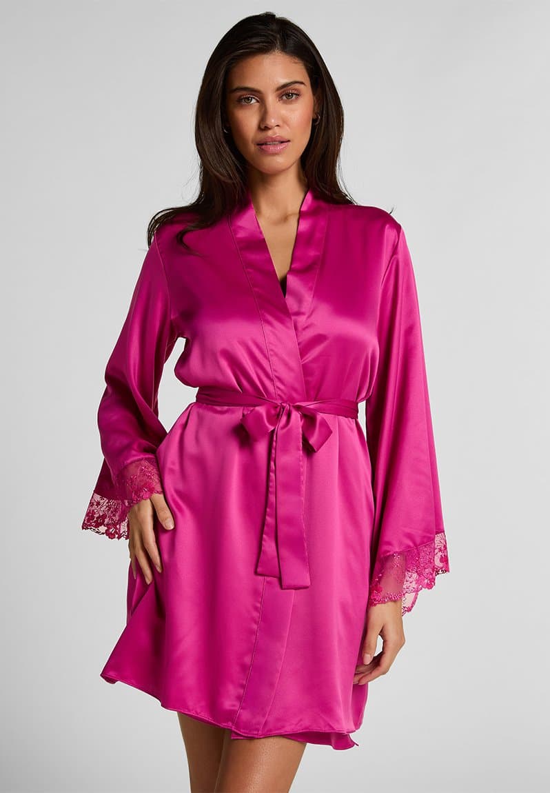 Kimono satin lace peonie robe rose violet