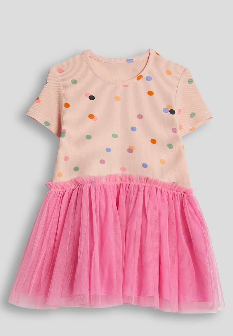 Combo dress with tulle skirt peach/aop/pink