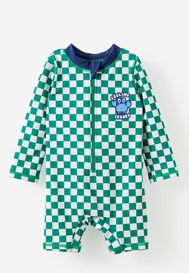 Baby Long Sleeve All In One Swimsuit English Ivy/Checkerboard Feeling Crabby