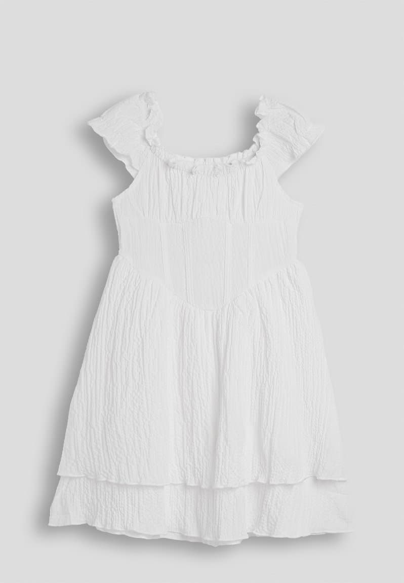 Ruched bodice dress with layered skirt