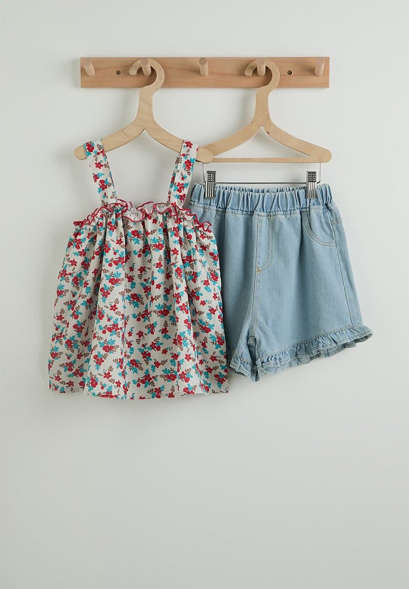 Floral camisole top and ruffle denim shorts