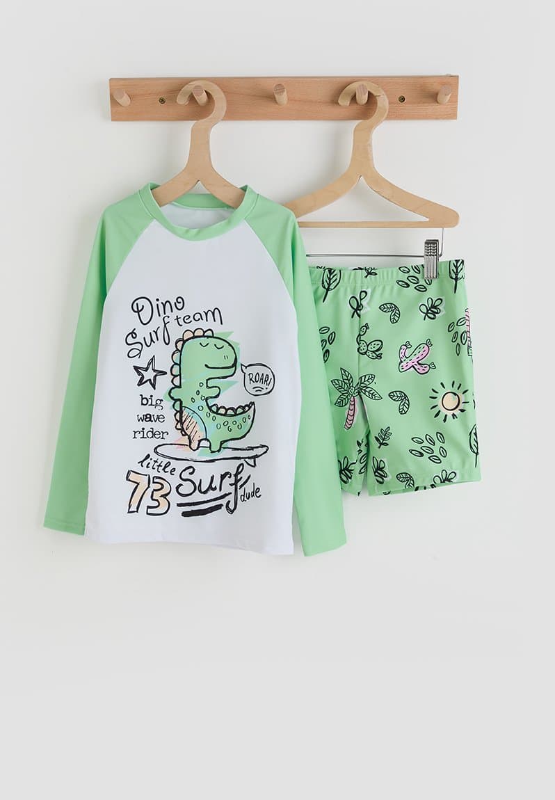 Rash guard and swim trunks light lime/aop