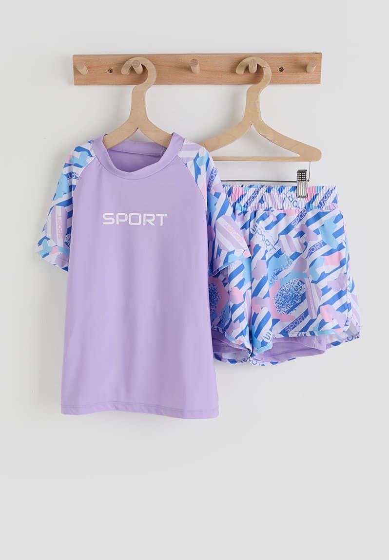 Rash vest and board shorts purple/aop