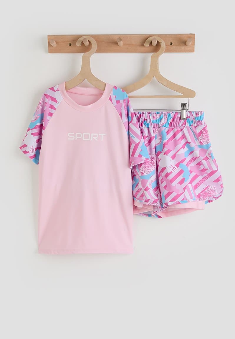 Rash vest and board shorts pink/aop