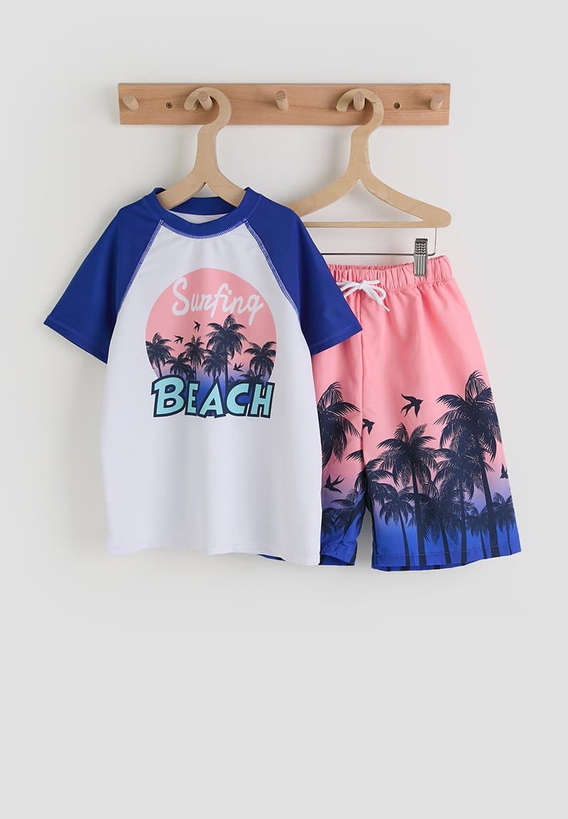 Rash guard & swim trunks dk blue/aop