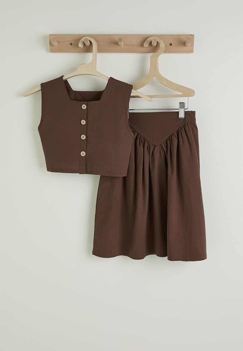 Square neck top and basque skirt chocolate