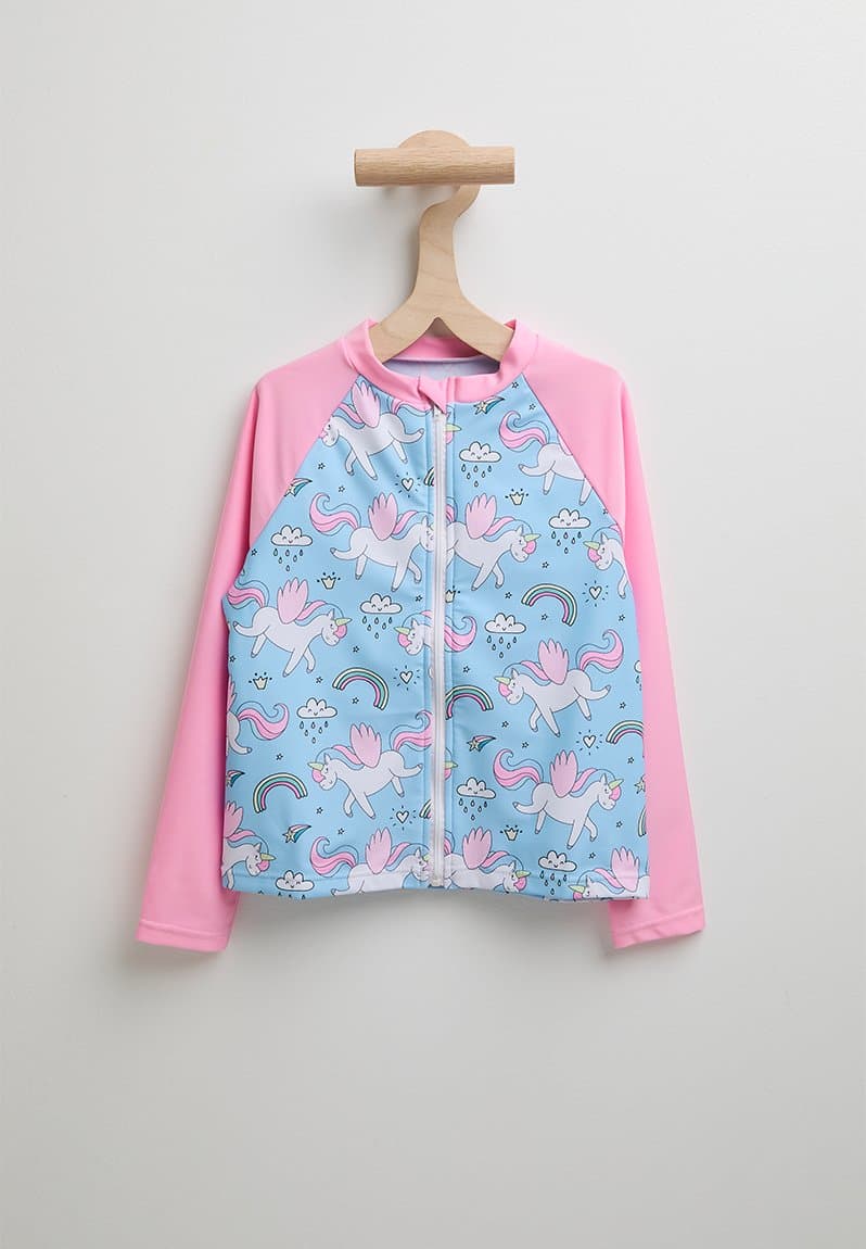 Zip rash vest and bikini bottoms blue/pink/aop