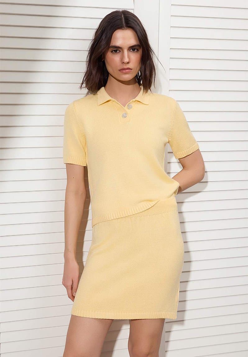 Polo Collar Textured Knit Top and Skirt Set