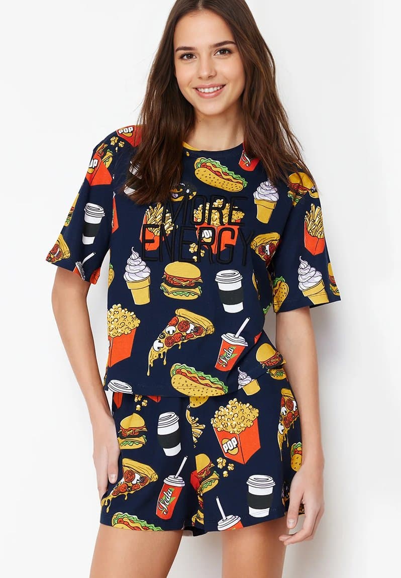 Cotton slogan embroidered shorts pajama set navy blue-multicolor