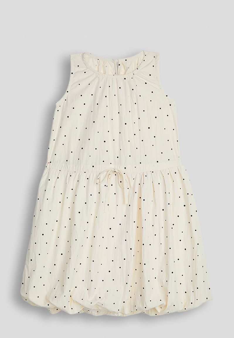 Dropped waist bubble hem dress white/polka dots