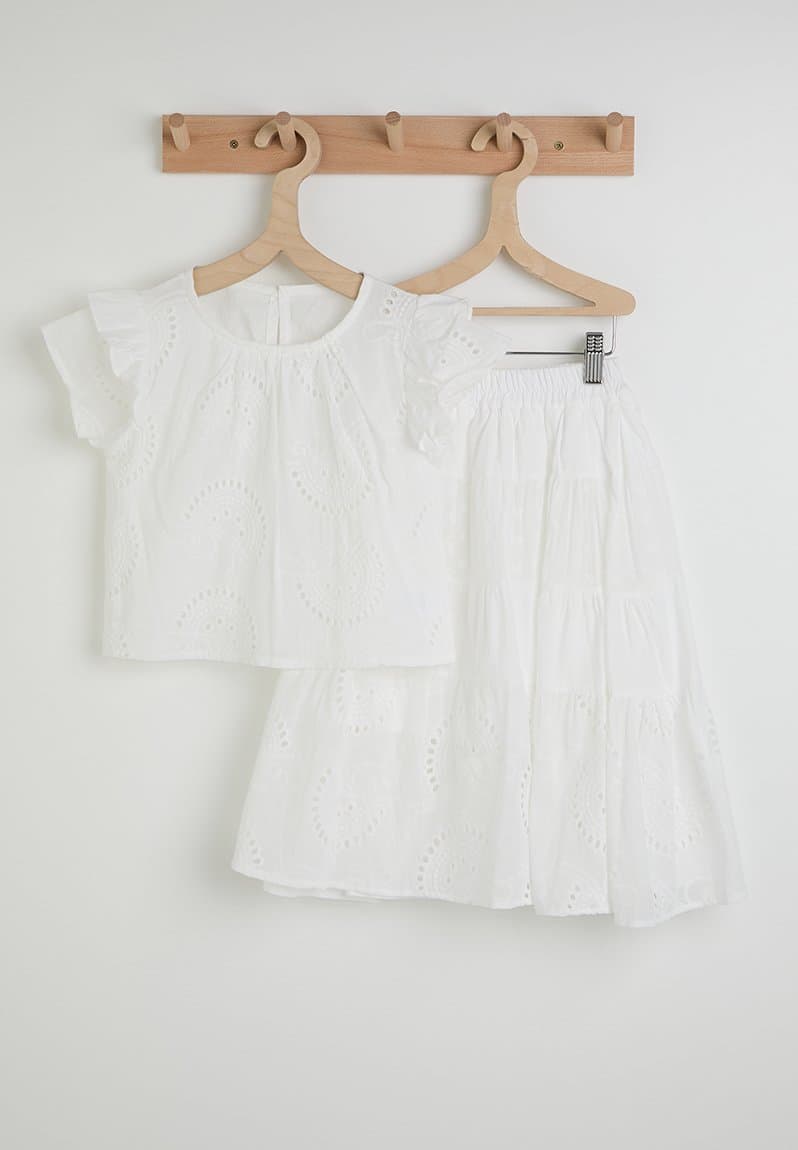 Anglaise frilled sleeve blouse with tiered maxi skirt