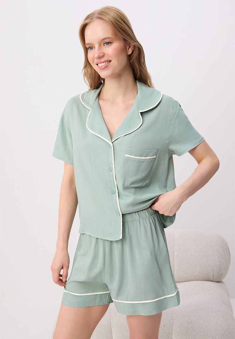 Piped viscose shorts pajama set mint