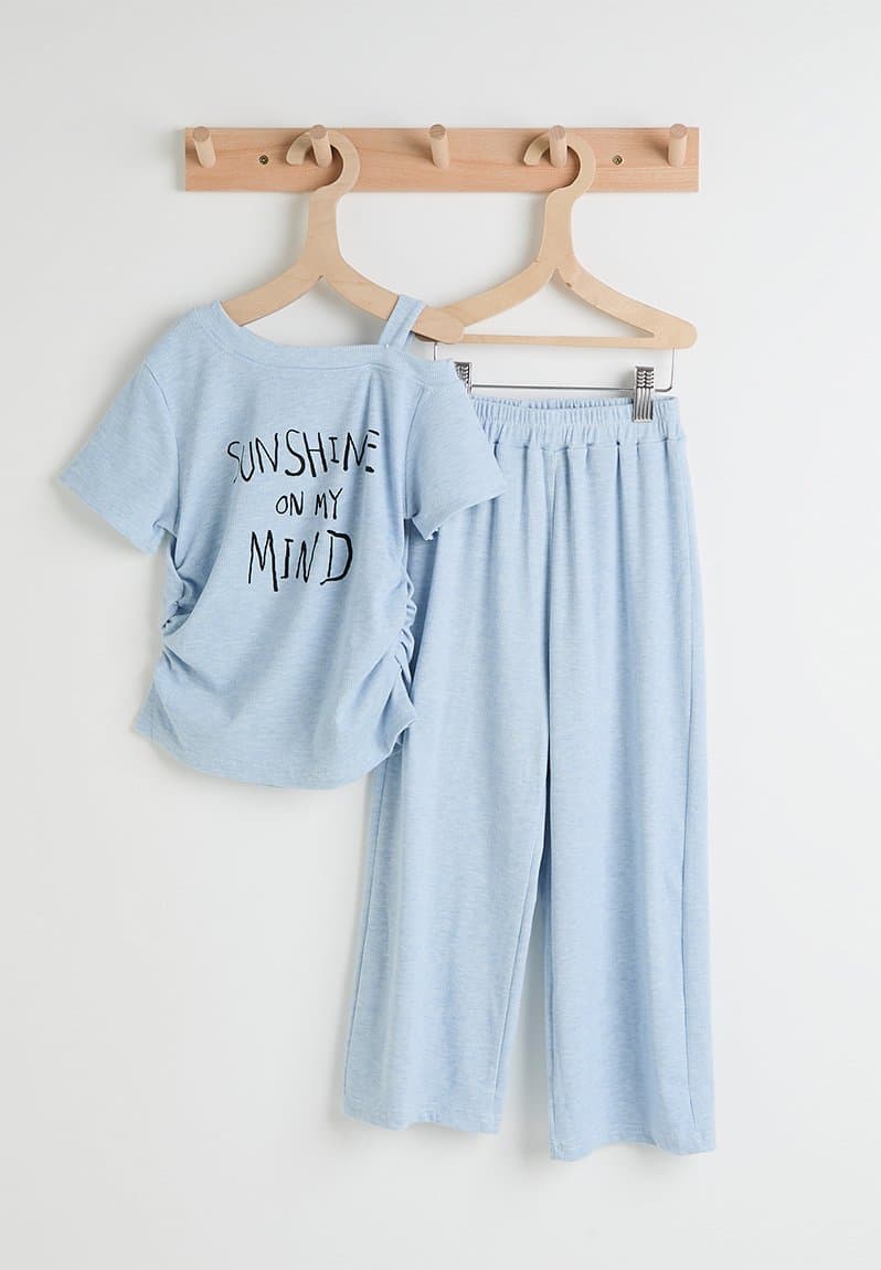 Melange side ruched top & wide leg pants