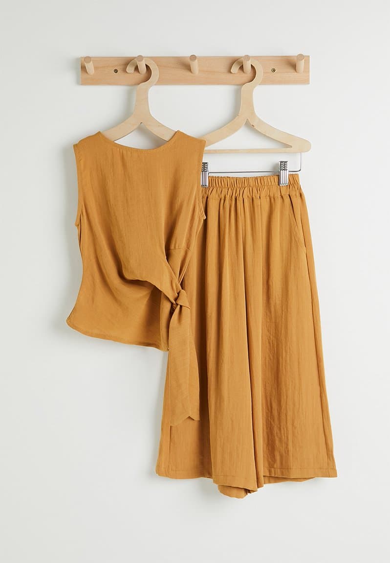 Wrap-around top with wide leg pants yellow ochre