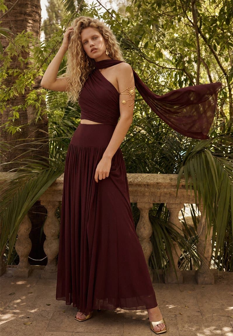 Asymmetric Neckline Tulle Blouse and Skirt Set