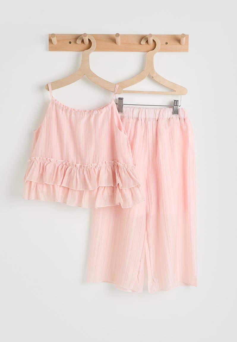 Ruffled hem cami top & wide leg pants