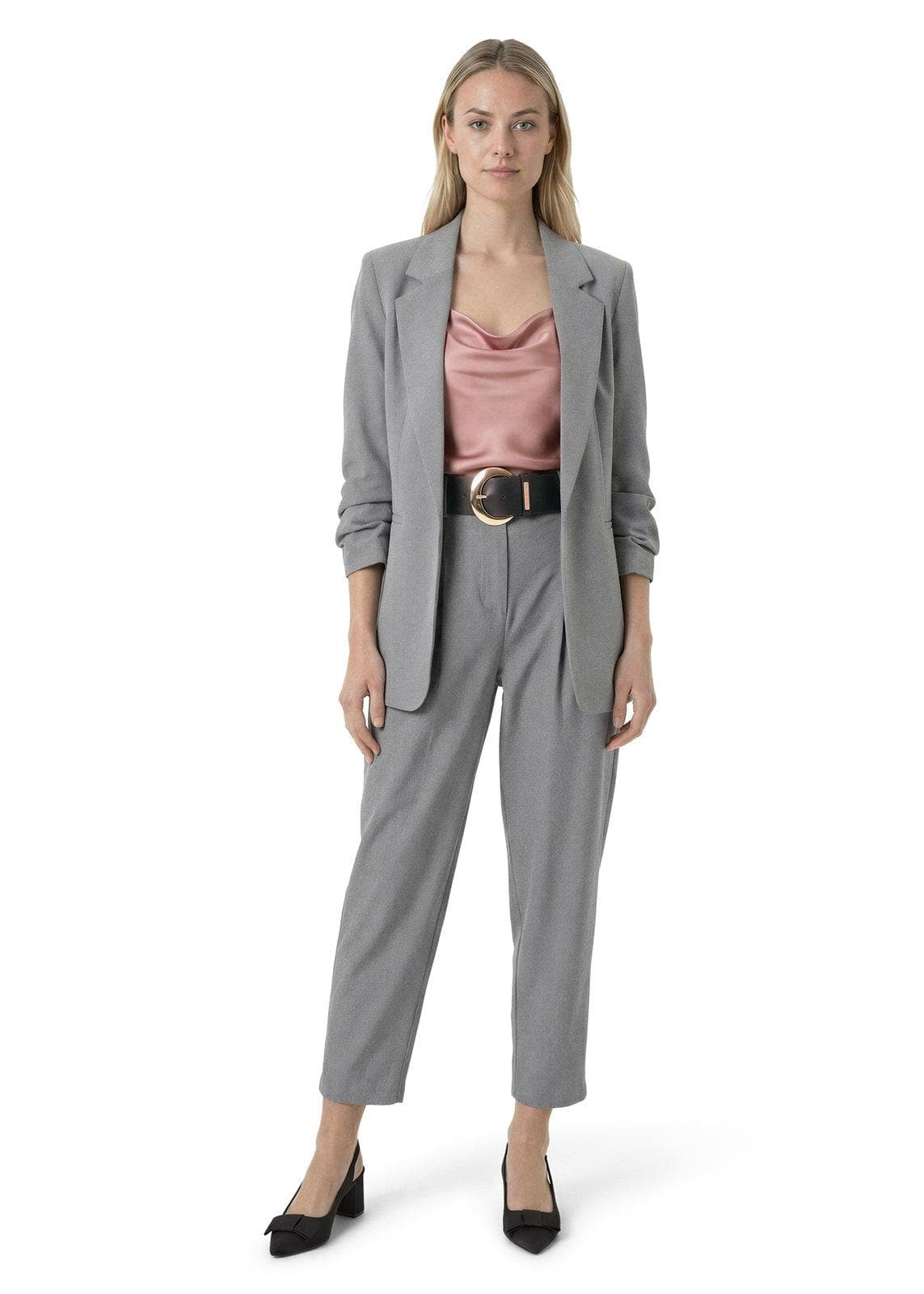 Grey Open-Front Ruched Blazer