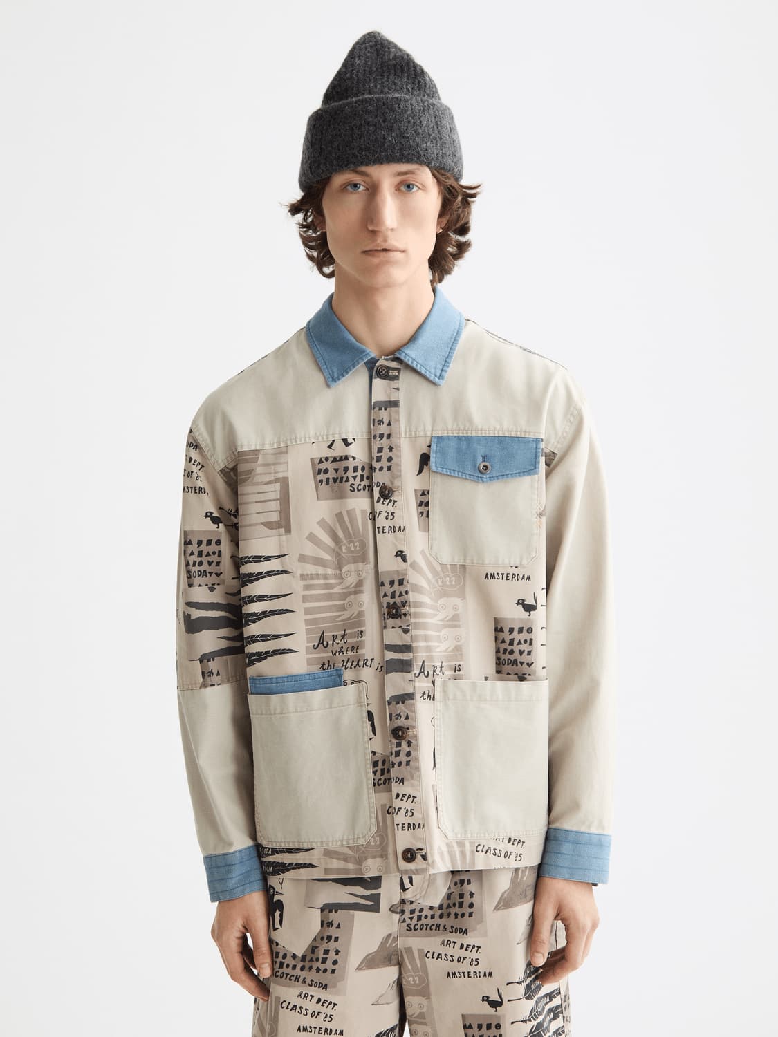 Printed & Washed Colour Block Worker Jacket, view 2